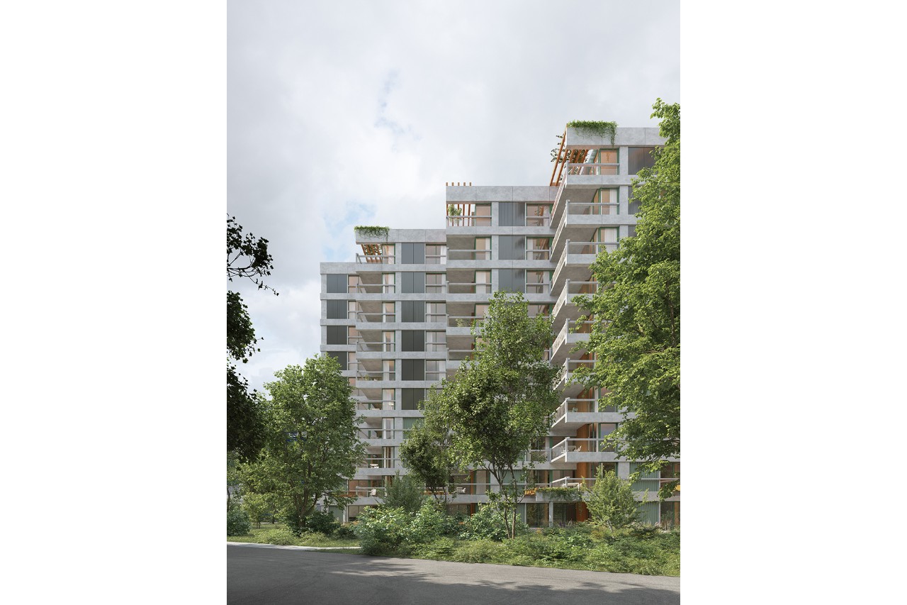 Visualisierung Wohnsiedlung Heidi Abel Siegerprojekt LE PETIT PRINCE ‒ Fassadenansicht mit Ankunftsbereich (Visualisierung: indievisual)